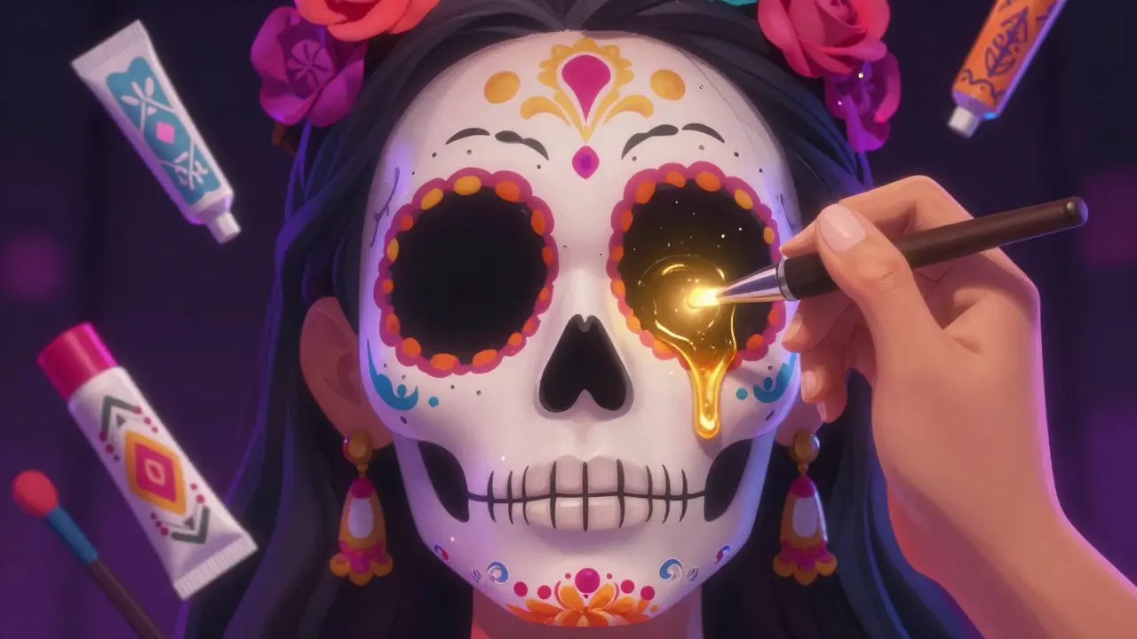 Нанесение сияющего праймера на лицо в стиле сахарного черепа