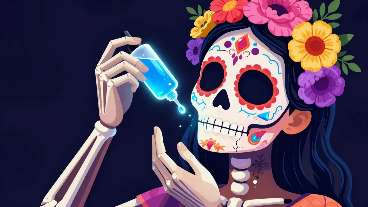 Персонаж наносит сияющую увлажняющую сыворотку, которая оживляет кожу цветами