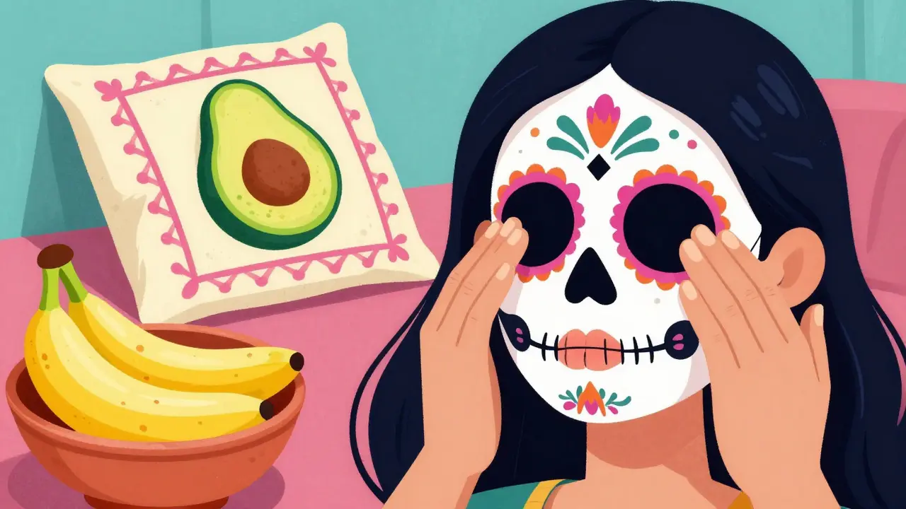 Персонаж с гримом Калавера делает лимфодренажный массаж лица