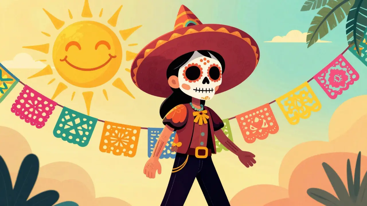 Персонаж с SPF-кремом под ярким солнцем в окружении праздничных флажков и цветов