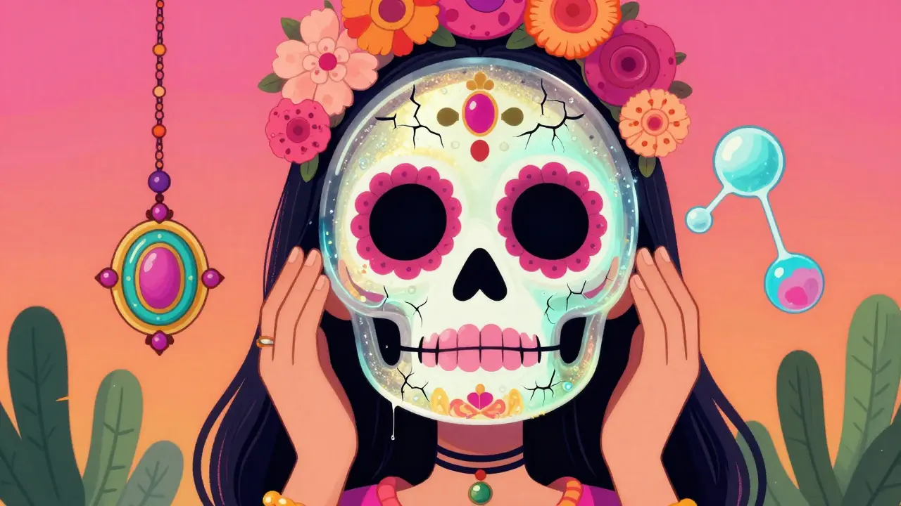 Персонаж-скелет в стиле День мертвых наносит восстанавливающую маску для лица с центеллой.