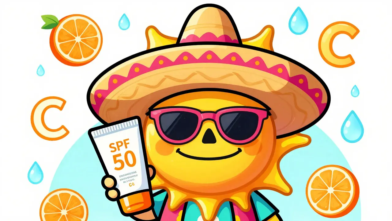 Персонаж в сомбреро защищает кожу от солнца с помощью SPF-крема и витаминов.