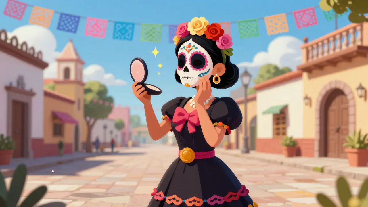 Персонаж в стиле Дня Мертвых использует компактную пудру для макияжа на улице