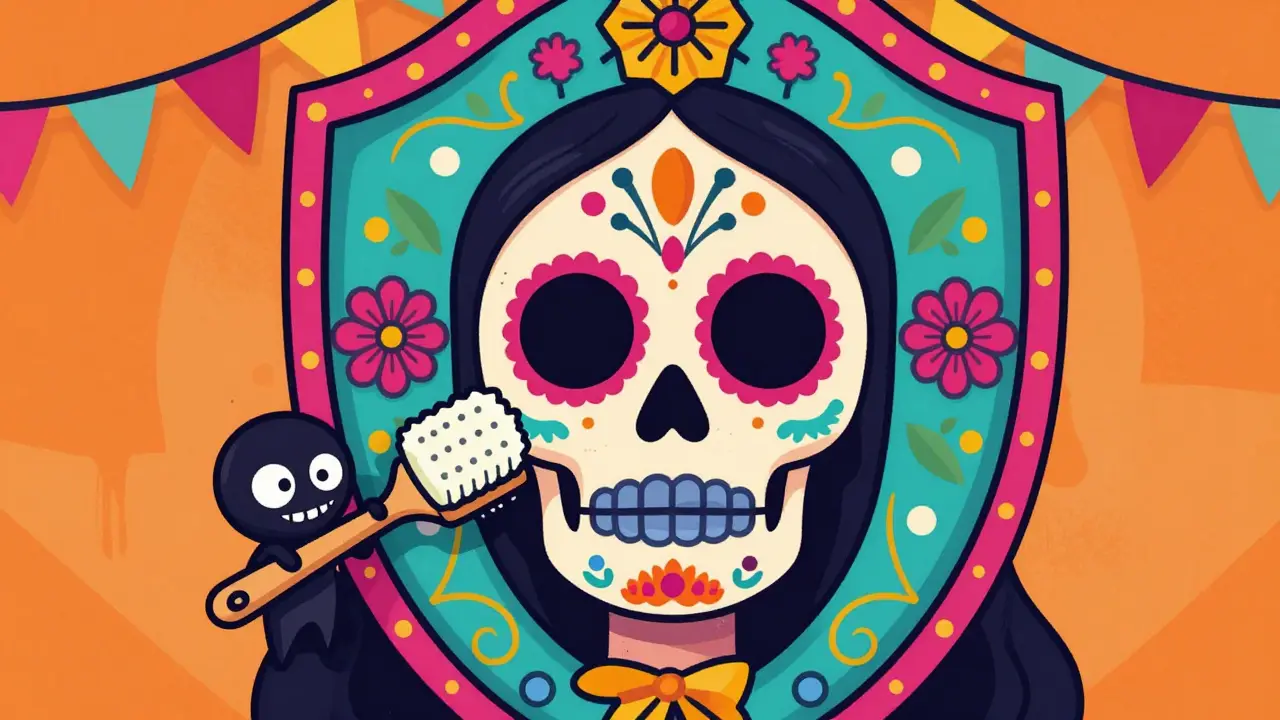 Персонаж в стиле Дня Мертвых с защитным барьером на коже, защищающий от чрезмерного скрабирования