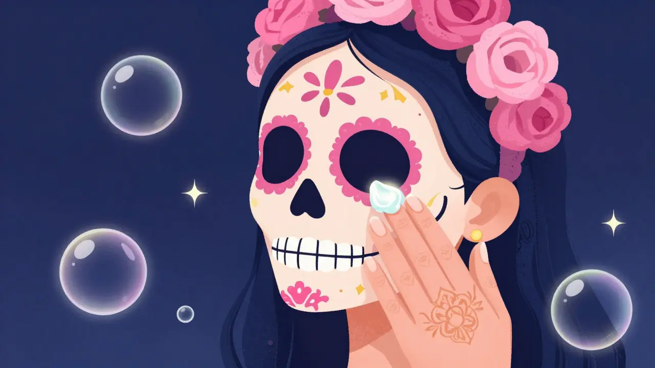 Персонаж в стиле калавера аккуратно наносит крем под глаза в окружении цветов и пузырьков воды