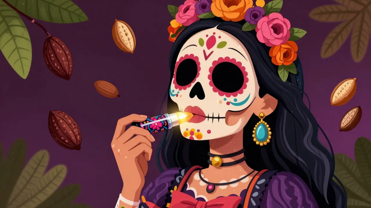 Персонаж в стиле Калавера наносит увлажняющий бальзам для губ