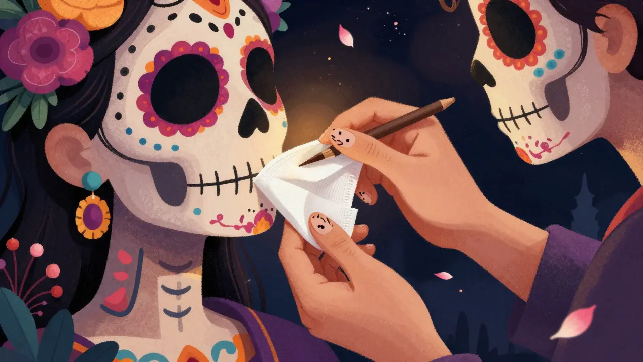 Процесс наложения марлевого компресса на губы скелета в стиле Dia de los Muertos