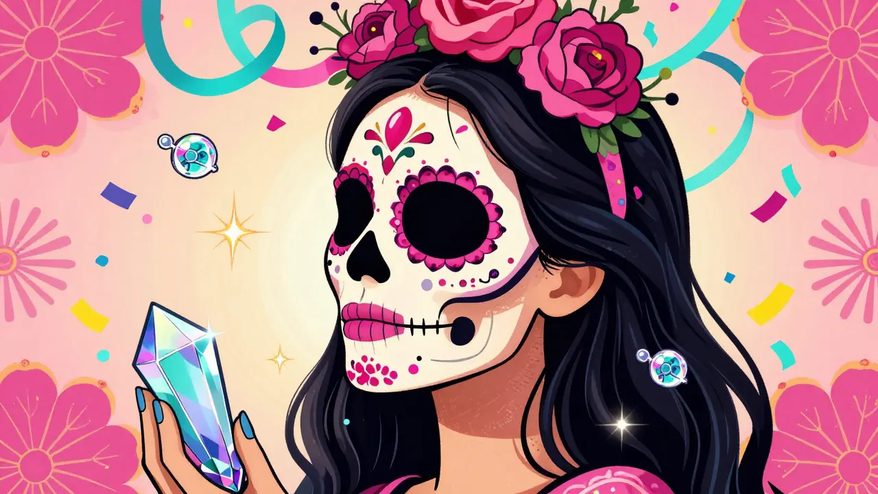 Профиль красивой женщины-калаверы с гармоничными контурами лица и цветами