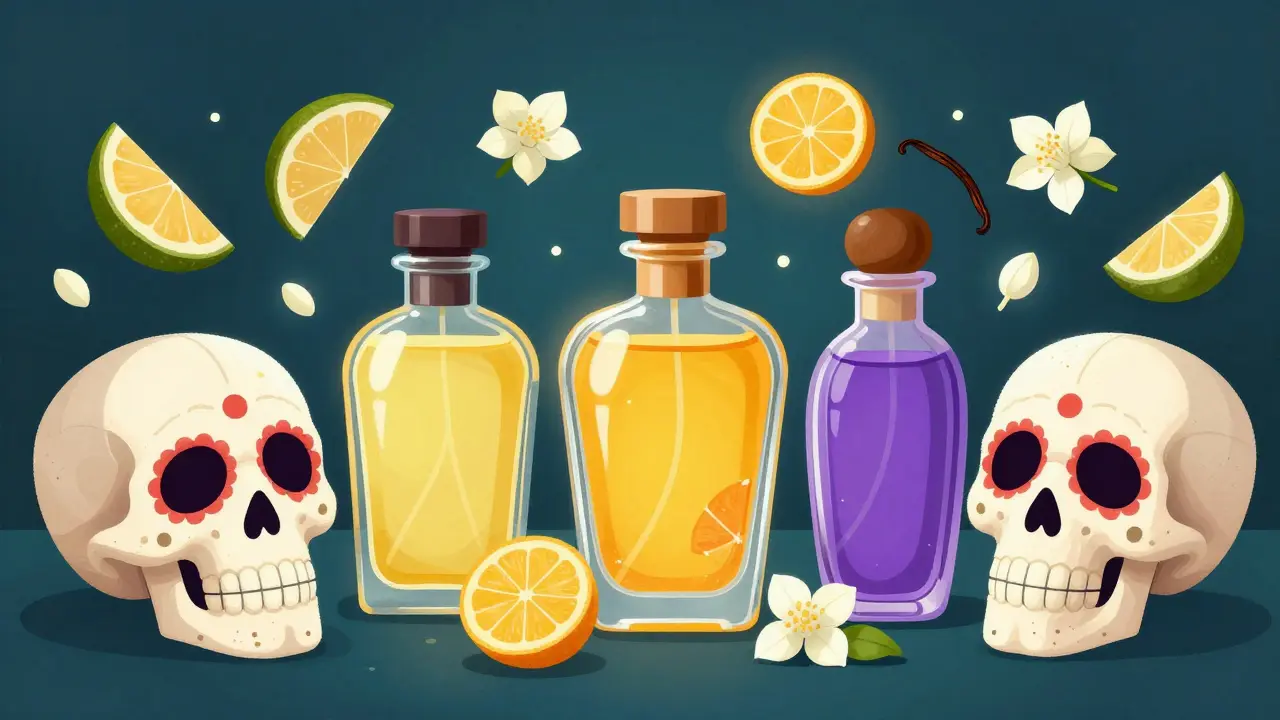 Разноцветные флаконы духов в форме сахарных черепов с ингредиентами