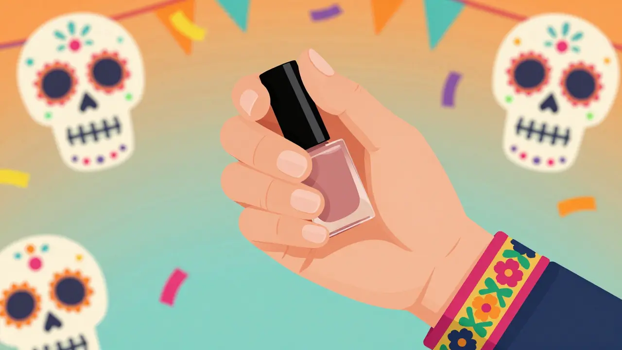 Рука с аккуратным нейтральным маникюром в эстетике Дня мертвых