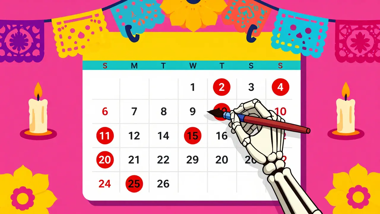 Рука скелета отмечает график применения ретинола в ярком календаре с декором.