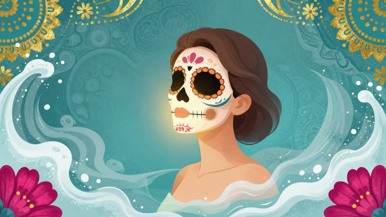 Сияющее лицо с гримом Калавера в окружении цветов и узоров, символизирующее обновленную кожу
