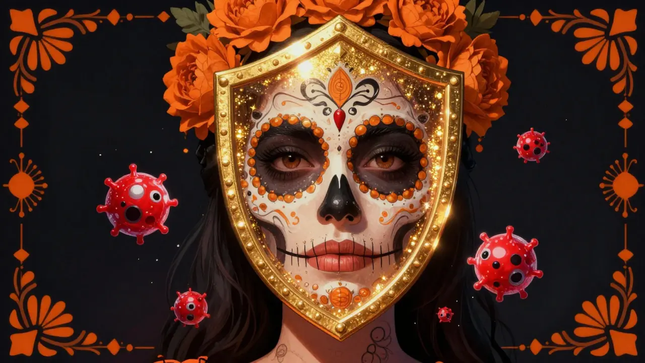 Символический золотой защитный барьер на коже вокруг глаз персонажа в стиле Дня мертвых