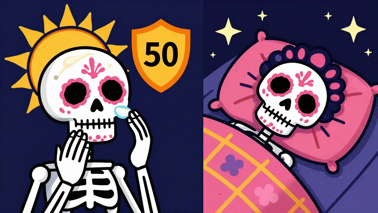 Скелет использует SPF-защиту днем и отдыхает ночью в стиле Дня Мертвых.