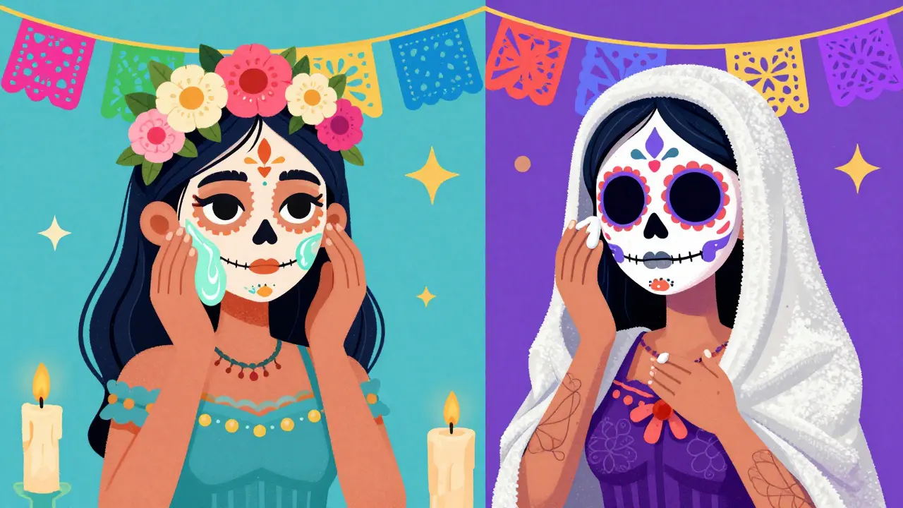 Сравнение летнего и зимнего ухода за кожей в стиле иллюстрации День Мертвых.