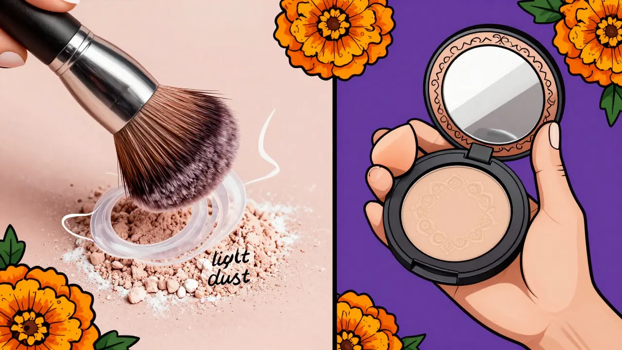 Сравнение пушистой кисти с рассыпчатой пудрой и компактного зеркальца с пудрой