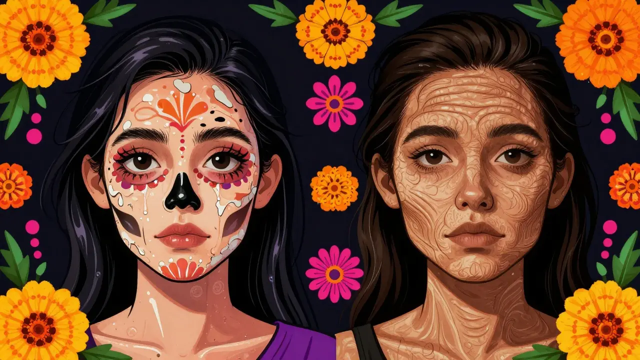 Сравнение жирного блеска с шелушением и глубокой сухости кожи в стиле Day of the Dead