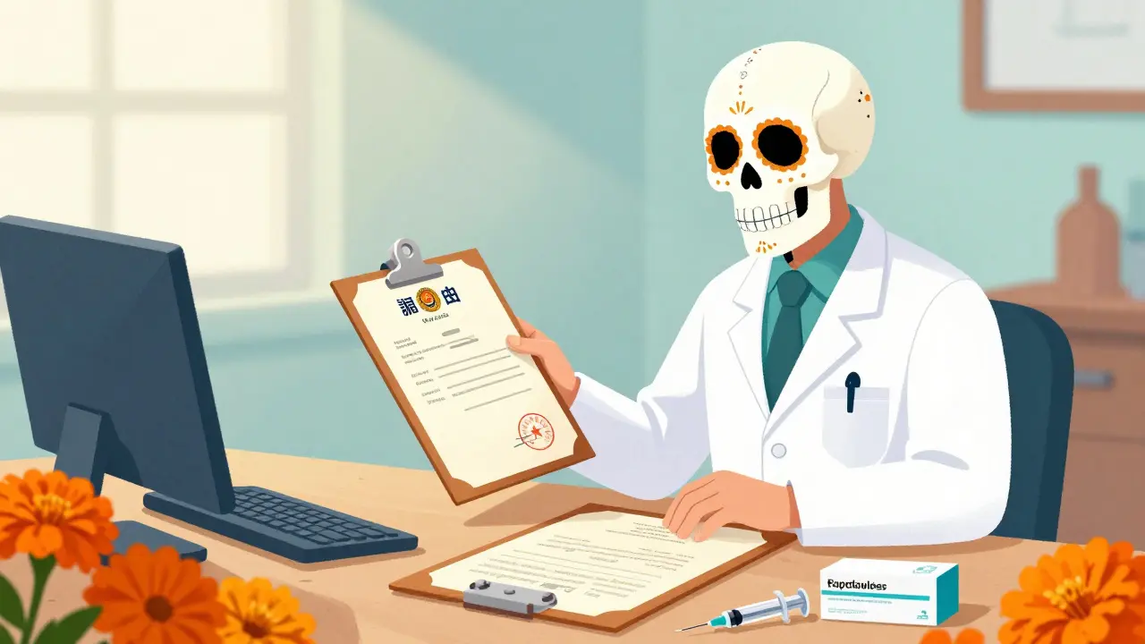 Врач-скелет в белом халате проверяет медицинскую лицензию и сертификаты