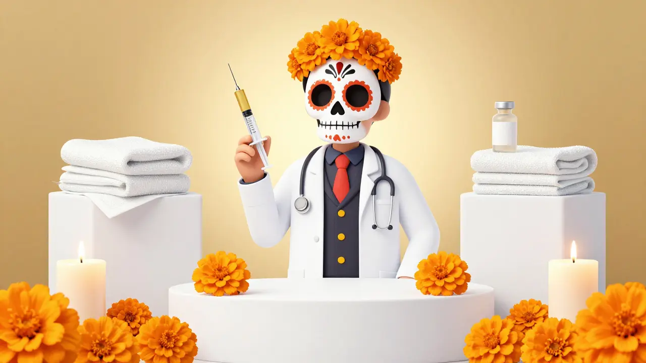 Врач в эстетике Дня Мертвых с медицинскими инструментами для лечения осложнений