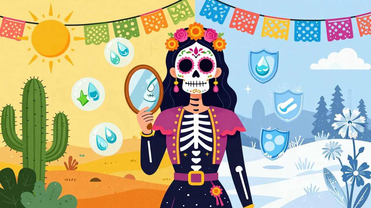 Фигура с макияжем Sugar Skull между летним и зимним пейзажами, символизируя сезонный уход