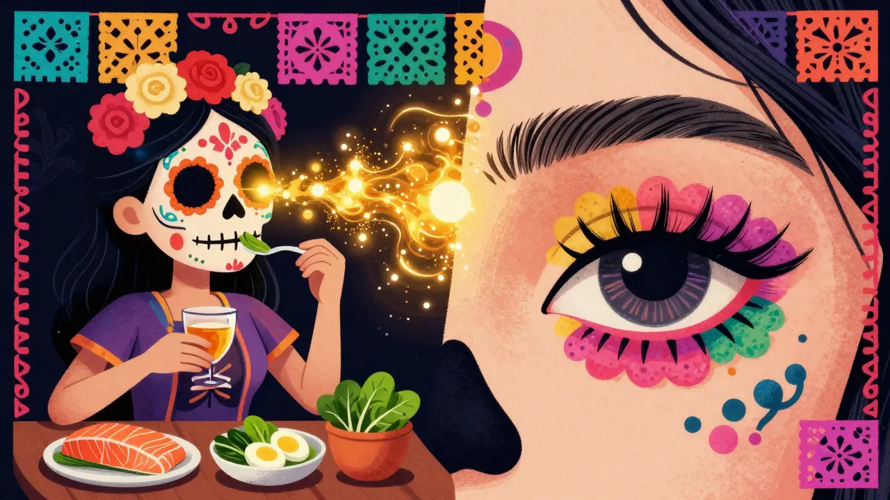 Концептуальная иллюстрация питания для роста ресниц в стиле Day of the Dead