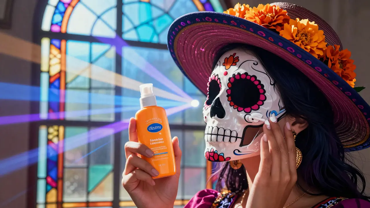 Нанесение SPF на лицо с рисунком черепа в стиле Día de los Muertos