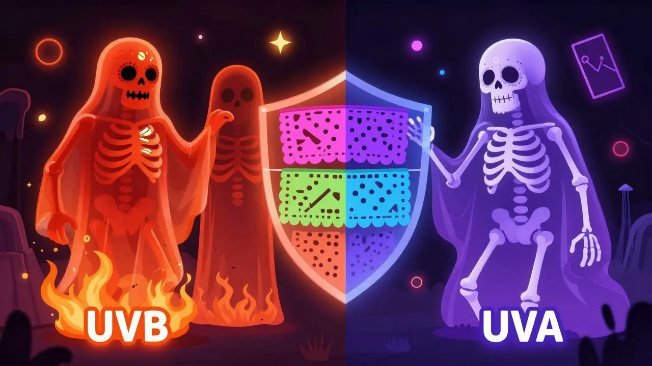 Скелеты-призраки символизируют лучи UVA и UVB, блокируемые защитным экраном